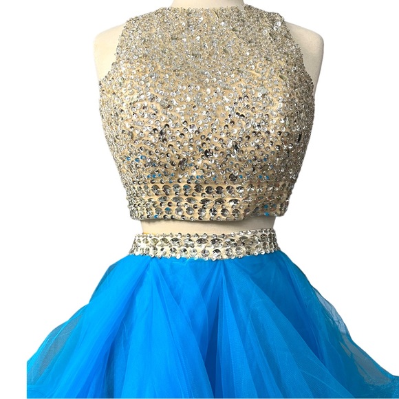 TWO PIECE Mesh Rhinestone Crop Top Prom Dress Full Skirt Blue Sz 12 - Picture 5 of 16